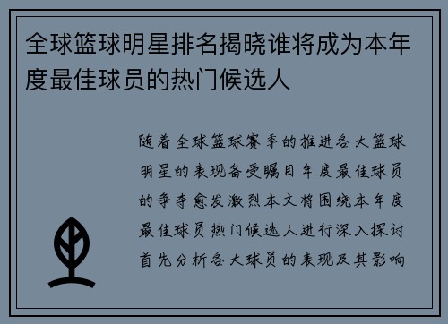 全球篮球明星排名揭晓谁将成为本年度最佳球员的热门候选人